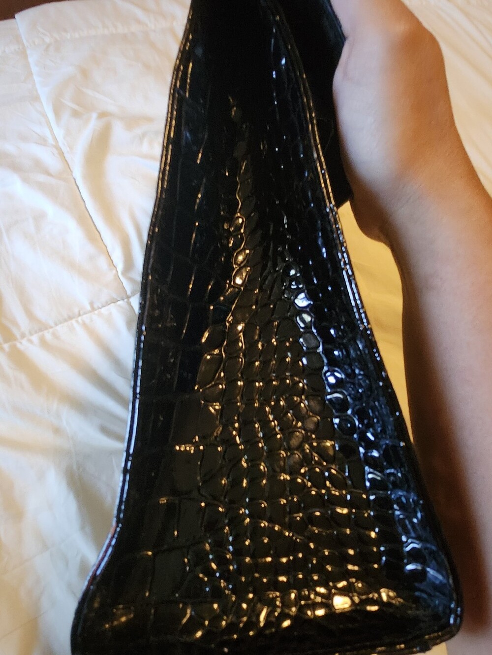 Large Glossy Black Croc-Embossed Top-Handle Bag - Picture 5 of 13
